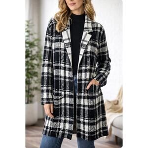 Chaps Ralph Lauren Black White Plaid Open Front Coatigan Sweater Jacket S